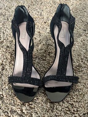 Black T-Strap Crystal Evening Sandals